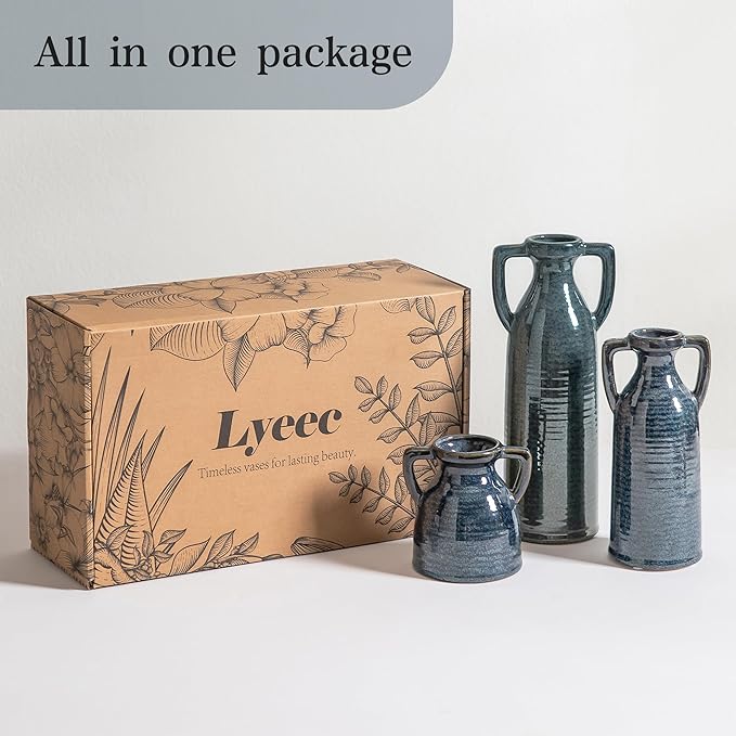 Ceramic Vase Set of 3 - Rustic Vases Set for Flower Centerpieces Pampas Grass - 3 Blue Bud Vase for Decor - Modern Decoration Terracotta Vases for Home Farmhouse Table Office, Mini Pottery Vase