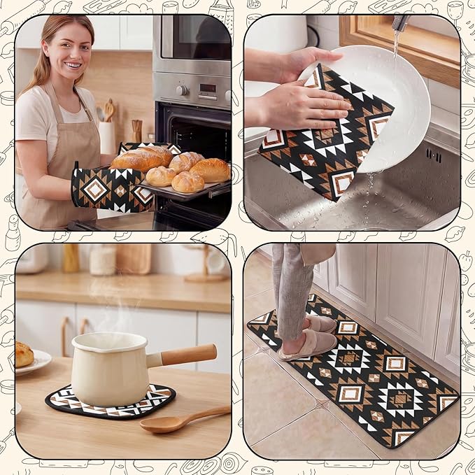 Southwestern Kitchen Decor Set 10 Piece - Aztec Geometric Tribal Pattern Kitchen Rugs, Towels, Oven Mitts and Pot Holders - Modern Boho Native American Style Accessories for Home Apartment