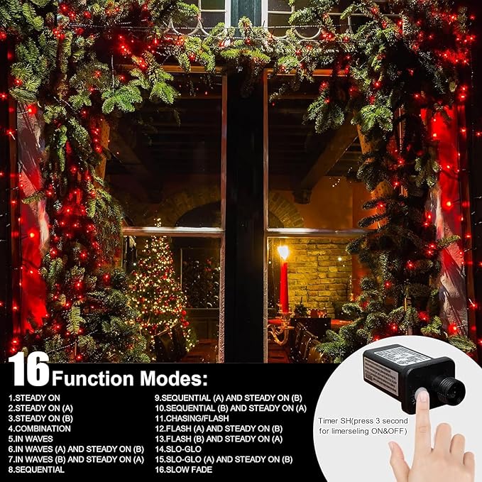 LAMPHOME 200 LED 66ft Valentines Decorative Mini Lights, Red String Lights Outdoor Valentines Day Decorations,Christmas Fairy String Lights Plug in, 16 Lighting Modes Waterproof for Tree Wedding Party