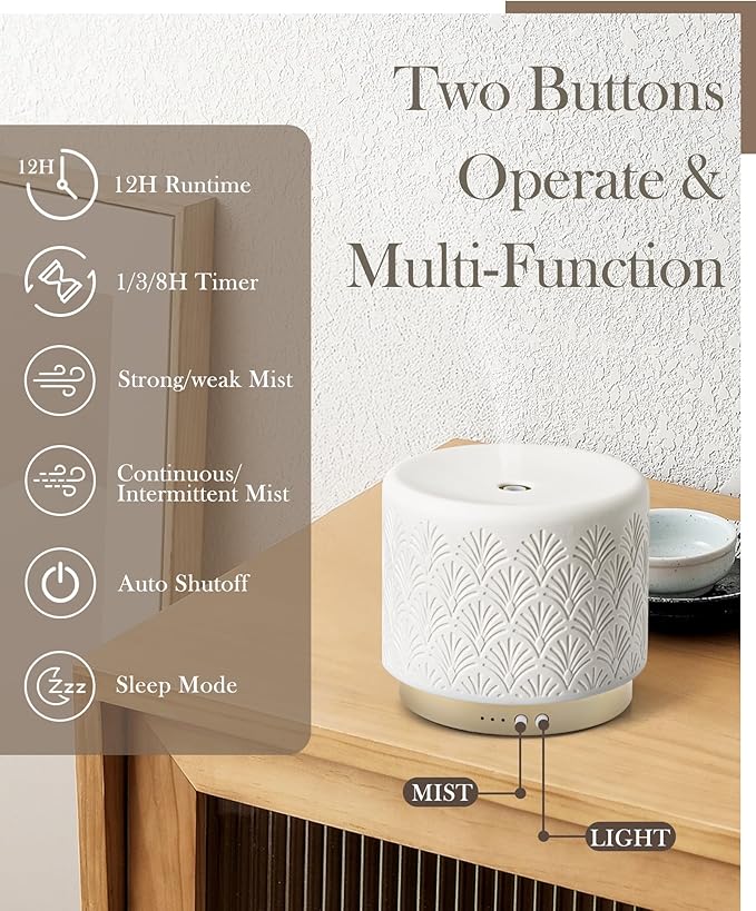 Essential Oil Diffuser -280ml Ceramic Diffuser for Large Room&Commercial Use, 2.4MHz Cool Mist Humidifier & Independent Decorative Light & Aromatherapy Diffuser, Pulse&Continuous Mist, Timer, Auto-Off