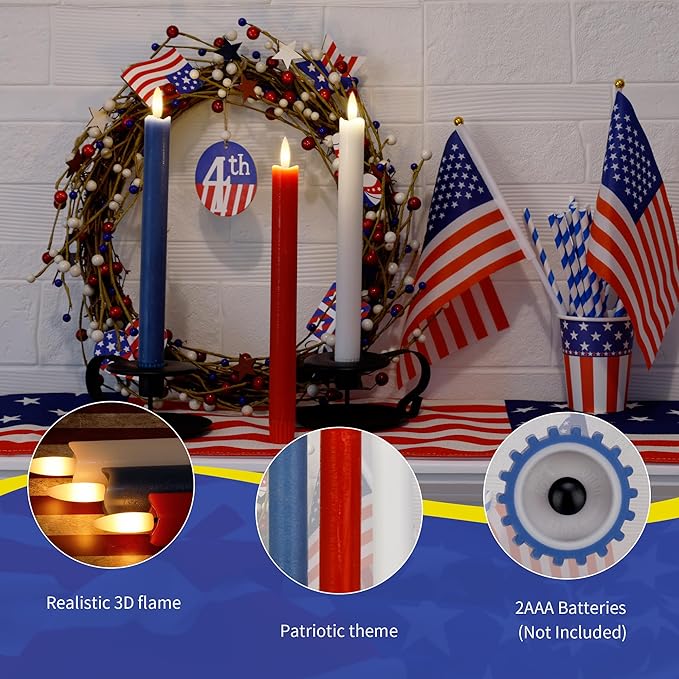 Patriotic Flameless Candles, Red White and Blue Taper Candles, 9.6" Real Wax Battery Operated 4th of July Candlesticks, Flickering Independence Day Candle, Memorial Day Decor, 3 Pack