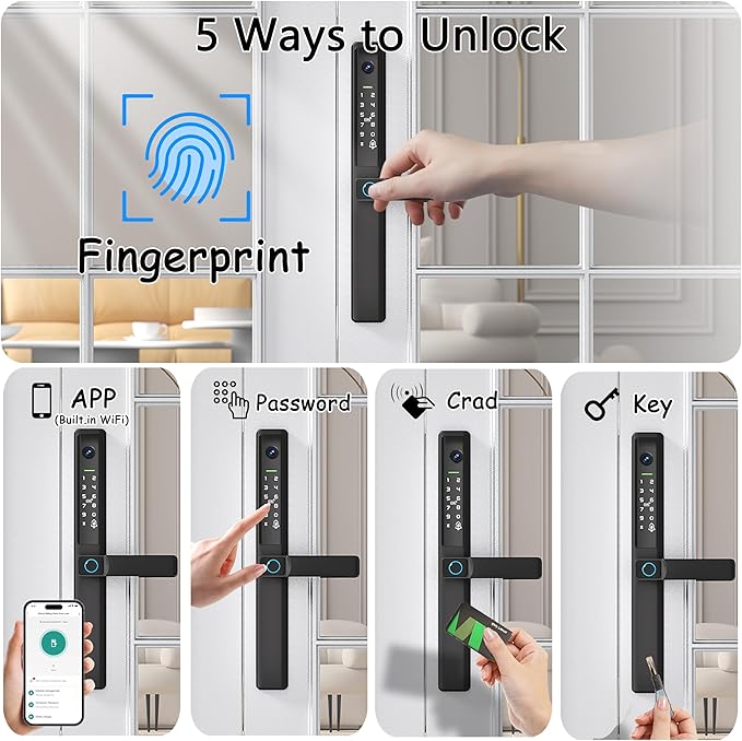 Sliding Door Smart Lock with Handle Keyless Entry Sliding Door Lock with Fingerprint Code RFID Card Keypad Digital Key APP Remote Replacment Slim Thin Frame Patio Door with Handle