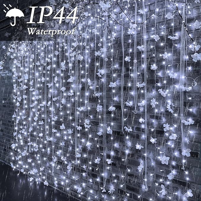Curtain Lights with Hooks, 200 LED 9.8 x 6.6FT Window String Lights, Plug in Fairy Lights with Remote & Timer, 8 Modes Waterproof Hanging Backdrop Lights for Bedroom, Wedding, Christmas Decor