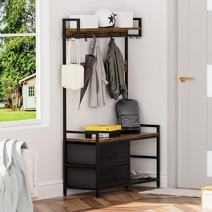 Entryway Halltree Organizer Bench Rack System Featuring Two Slide Drawers, Triple Shoe Tiers, Upper Guarded Shelf, Hanging Rod, TwentyThree Hooks, Adjustable Feet, AntiTip Hardware, Rustic Style