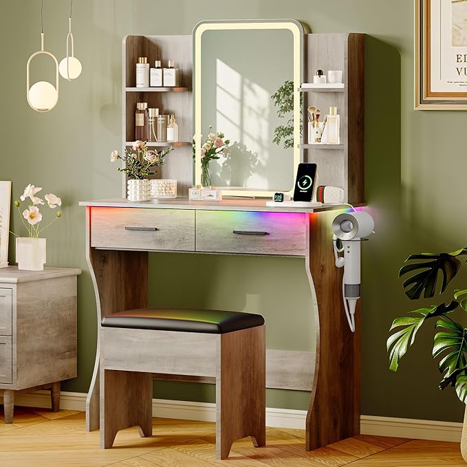 Makeup Vanity Desk with Mirror & Lights, Small Vanity Table Set for Girls with Chair & Power Outlet, Modern Dressing Table with 2 Drawers & 4 Storage Shelves, Adjustable RGB Lighting - Grey