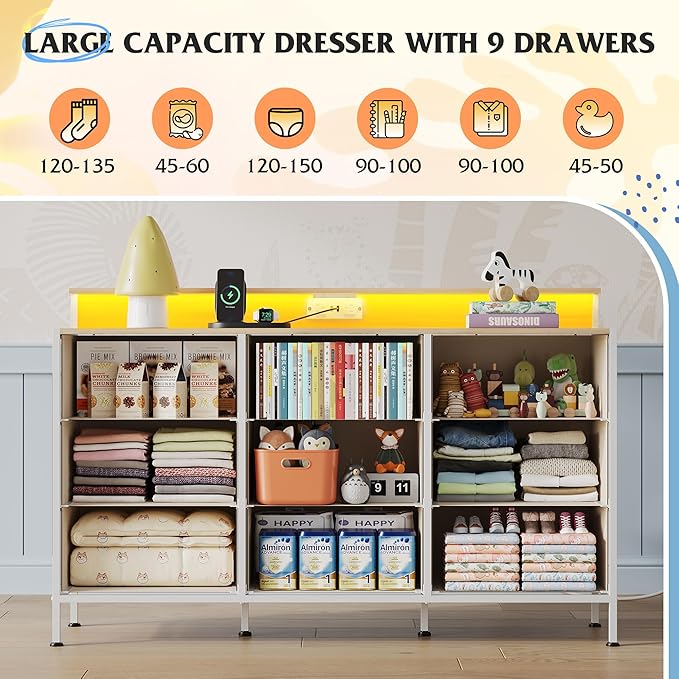 WLIVE Dresser TV Stand for 45, 50, 55 inch TV, Entertainment Center with LED Lights & Charging Station, Chest of Drawers with 9 Fabric Drawers and Open Shelves for Living Room, Hallway, Cream White