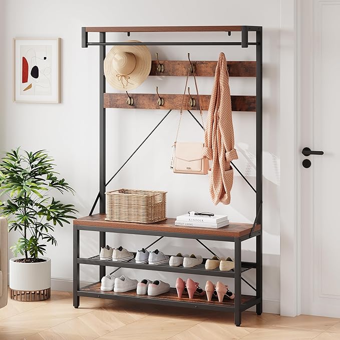 IDEALHOUSE Coat Rack Shoe Bench Industrial Hall Tree Storage Bench for Entryway Wood Look Accent Large Shoe Rack with Storage Shelf Hanging Bar,8 Hooks Grey 39.9"x15.7"x72"
