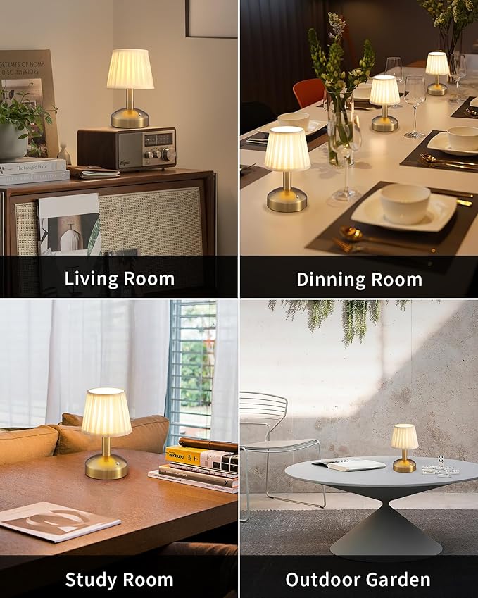 KDG Modern Cordless Small Table Lamp, Portable LED Fabric Shade Desk Lamps, 5000mAh Rechargeable Battery Operated Lighting for Bedroom, Bedside, Bar, Living Room, Dining Room, Night Light(Gold)