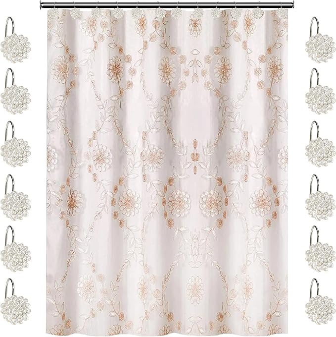 Zahari Home 13pc Rose Vine Bathroom Sheer Shower Curtain Sets Sheer Shower Curtain & 12 Shower Bathroom Hooks Modern Classic Luxury Contemporary Decor Beige Shower Curtain Set
