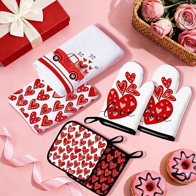 8 Pcs Red Heart Kitchen Decor and Accessories Set 4, Kitchen Dish Towels, Red Love Heart 2 Oven Mitt 2 Pot Holders for Home Decoration Cooking Baking, Mom Daughter Gift Housewarming