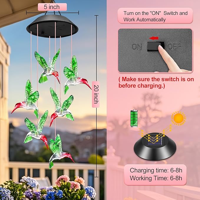 Mom Grandma Nana Wife Sister Gifts for Mothers Day, Easter Mother Birthday Gardening Hummingbird Gifts for Women, Winzwon Wind Chimes Solar Lights Outdoor Decor for Garden Patio Yard Porch