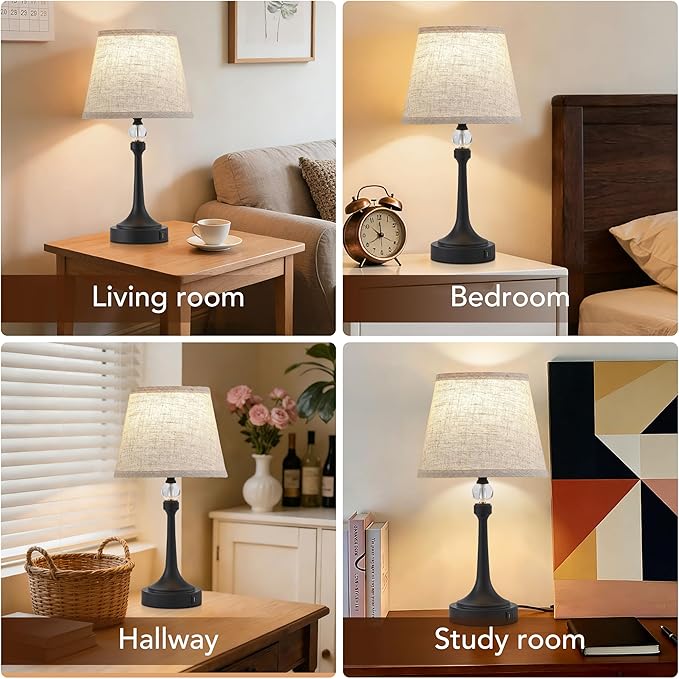 19.7'' Touch Table Lamps for Living Room, Small Lamp for Bedroom with USB C+A Ports, Dimmable Touch Lamps, Reading Desk Lamp for Office, Metal Bedside Lamps, Bulb Included, 1pcs, Black