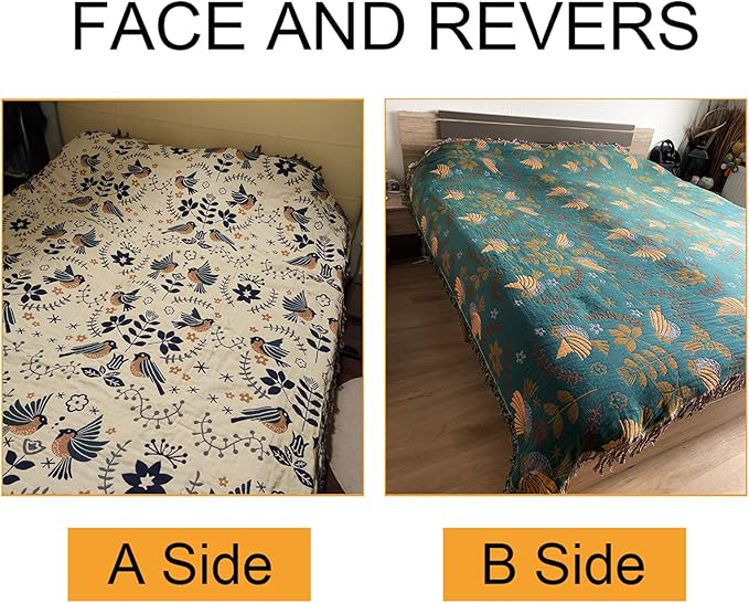 King Throw Blanket for Bed Couch,100% Organic Cotton Reversible Soft Quilt, Birds and Floral Breathable Lightweight Blankets,90"×108" Extra Large Sofa Throws for 3 4 Seater with Tassels,Teal