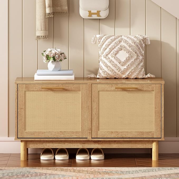 HOOBRO Rattan Shoe Storage Bench with Double Flip Drawers, Narrow Shoe Storage Organizer for Entryway, 11.8"D x 39.4"W x 20.9"H Hidden Space Saving Wooden Shoe Cabinet for Hallway, Natural NL51HX01