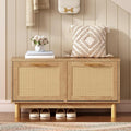 HOOBRO Rattan Shoe Storage Bench with Double Flip Drawers, Narrow Shoe Storage Organizer for Entryway, 11.8"D x 39.4"W x 20.9"H Hidden Space Saving Wooden Shoe Cabinet for Hallway, Natural NL51HX01