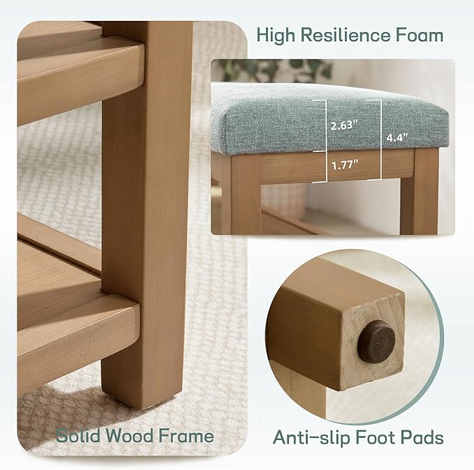 2 Tier Shoe Rack Bench with Cushion, Solid Wood Shoe Benches, Mid-Century Modern Shoe Storage Bench for Entryway, Hallway, Living Room, Closet, Front Door Entrance, (Teal, 31.5")