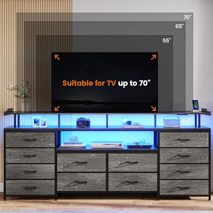 BTHFST 12 Drawers TV Stand Dresser for 65/70 inch TV, Entertainment Center with LED Lights & Power Outlets, 63" Large LED TV Stand, TV Console for Bedroom