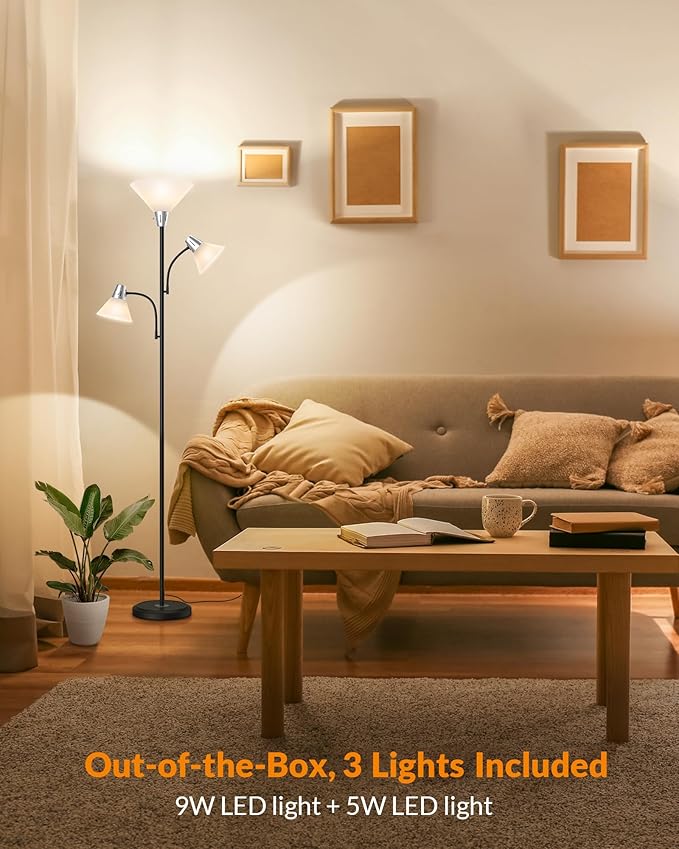 LEPOWER Floor Lamp, Standing Lamp with Replaceable 3000K Energy-Saving, Lamp for Living Room with Adjustable Reading Lights, Modern Bright Floor Lamp for Bedroom, Living Room, Office
