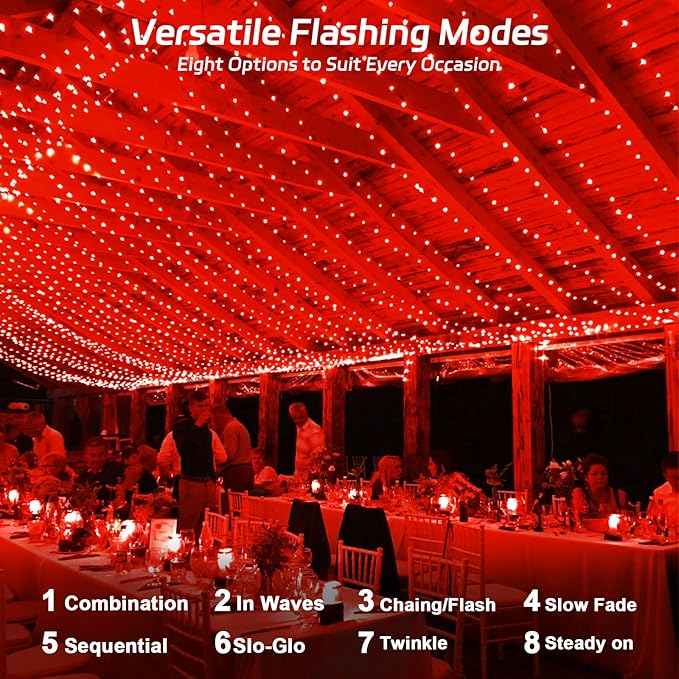 Solar Fairy Lights Outdoor, 16.4ft 50LED Red String Lights with 8 Modes, 2 Pack for Patio & Garden Decorations