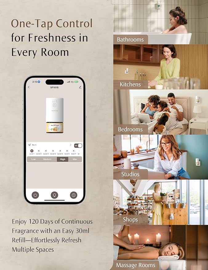 SF101S Pro Smart Plug in Air Freshener for Home, Waterless Essential Oil Diffuser, Aromatherapy Home Diffuser, 120-Day Natural Aroma Mist – Free 30ml Citrus Bloom Noir (Tangerine Orange)