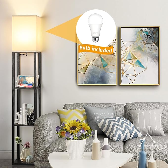FOLKSMATE LED Shelf Floor Lamp with USB Charging Ports，Type C Port & Power Outlet, 3 Way Dimmable Touch Control Modern Standing Lamps with Shelves for Bedroom, Living Room
