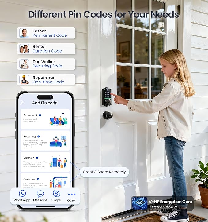 Veise VE017-K Fingerprint Smart Lock with 2 Knobs, App Control, Keyless Entry Front Door Lock Set, Electronic Touchscreen Keypad Deadbolt, Emergency Power Port, Easy Install, Auto-Lock, Matte Black