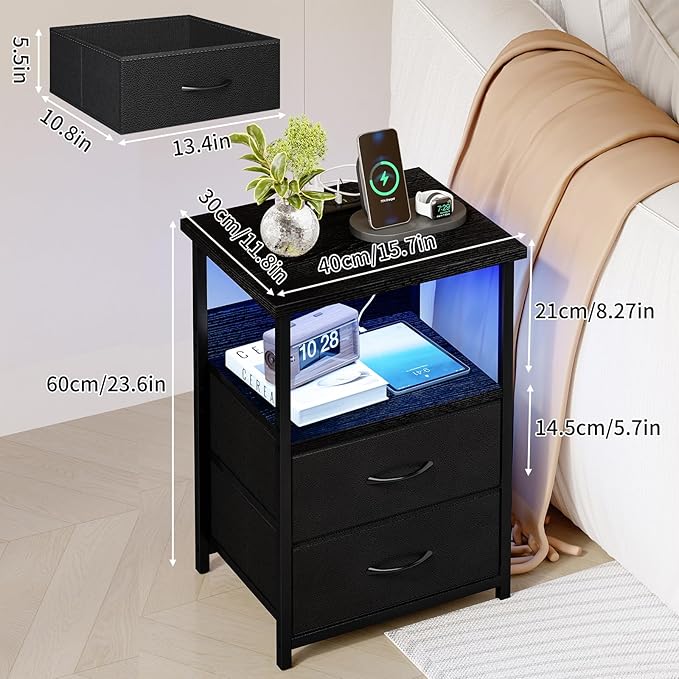 Fixwal Night Stand with Charging Station, LED Nightstand with U-S-B Ports and Outlets for Small Spaces, 2 Fabric Storage Drawers, Bedside Table End Tables Bedroom, Modern Black