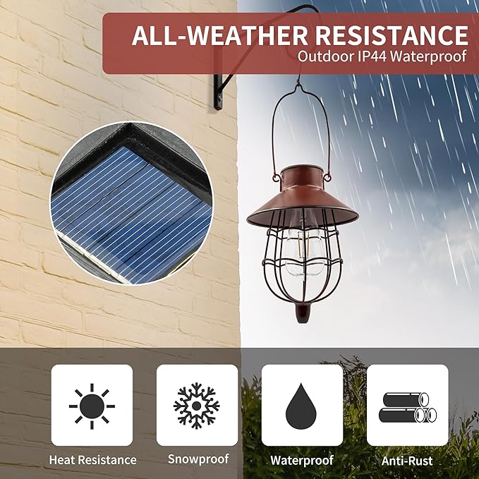 2 Pack Solar Lantern Outdoor Waterproof, Solar Lights Outdoor with Vintage Metal Warm White Edison Bulb Design, Hanging Lanterns Decorate for Garden Yard and Porch (Red)