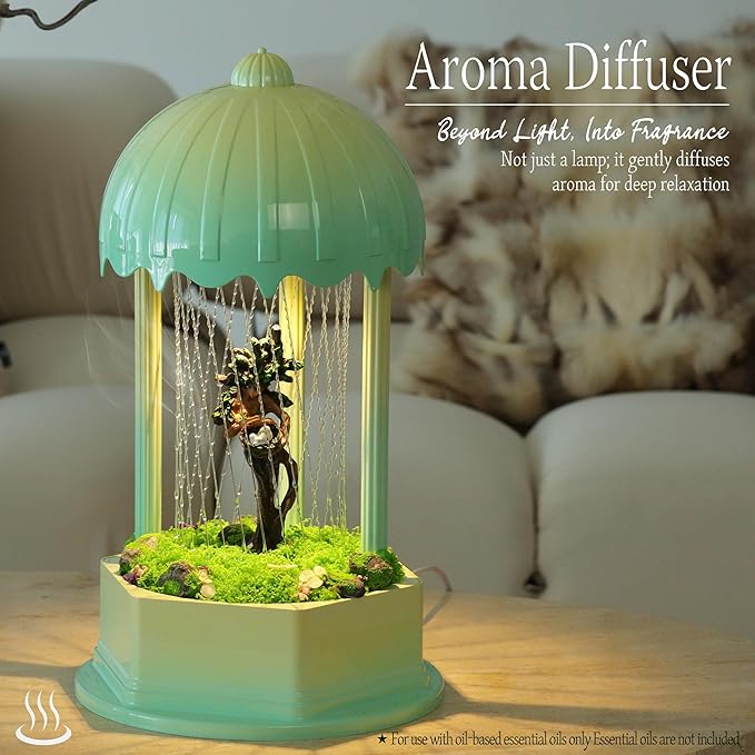 Forest Series Tree Mother Oil Rain Lamp – Gradient Green Sculptural Mood Light & Mossy Display Stand, Healing Nature Goddess Decor with Spirit Birds & Aroma Diffuser (Complete Set)