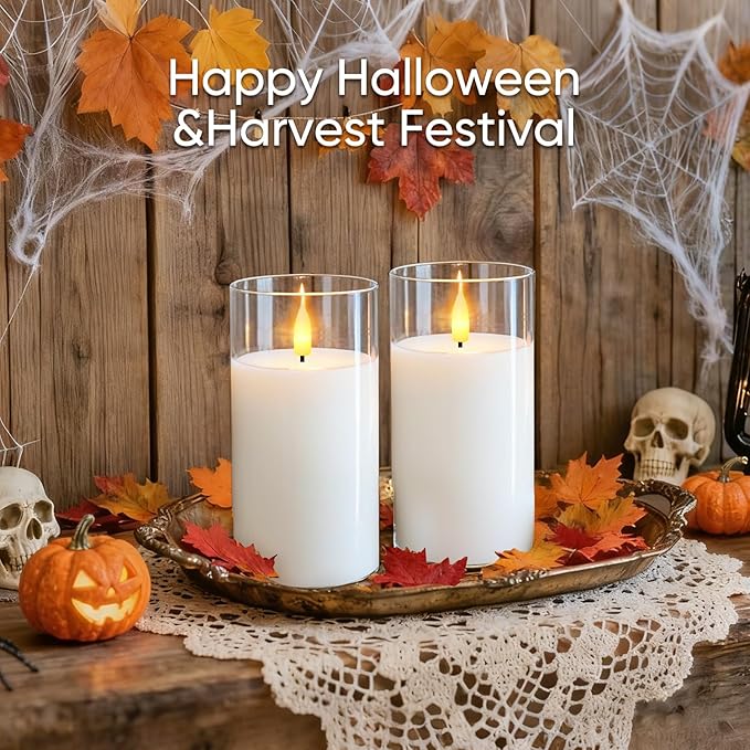 5plots Clear Glass Flameless Candles with Remote Timer, Set of 2, White LED Real Wax Glass Pillar Candles Warm Flickering Light for Indoor Home & Wedding Decor D3 x H6 6"