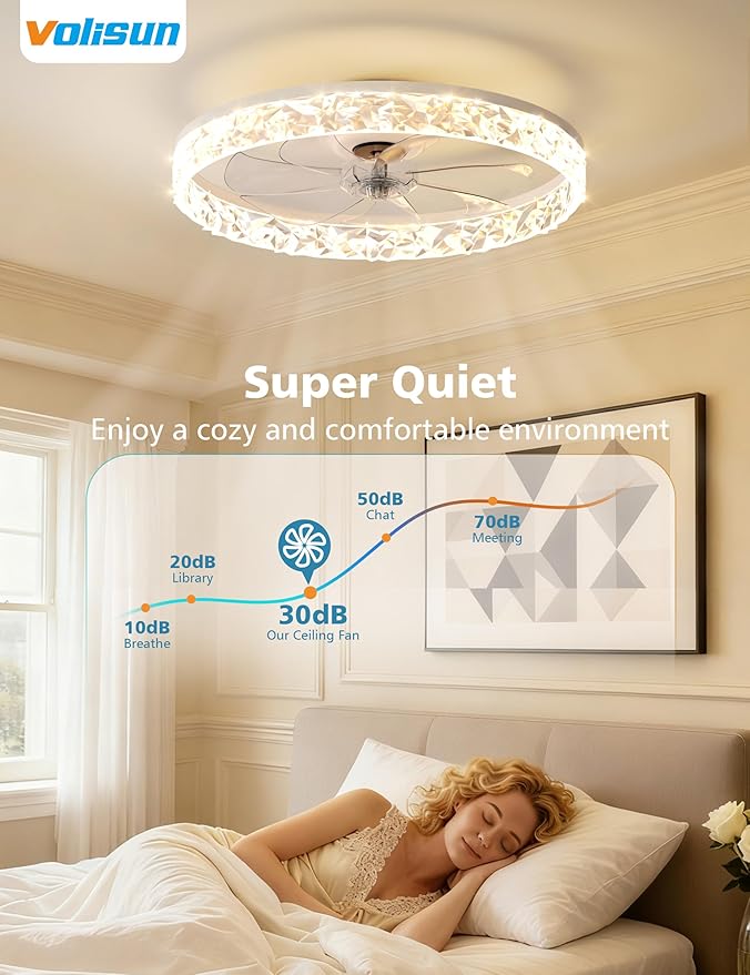 VOLISUN Low Profile Ceiling Fan with Lights and Remote, 20in Modern Ceiling Fans Flush Mount, 3000K-6500K Dimmable Bladeless LED Fan Light, White Fandelier Ceiling Fans with Lights for Bedroom