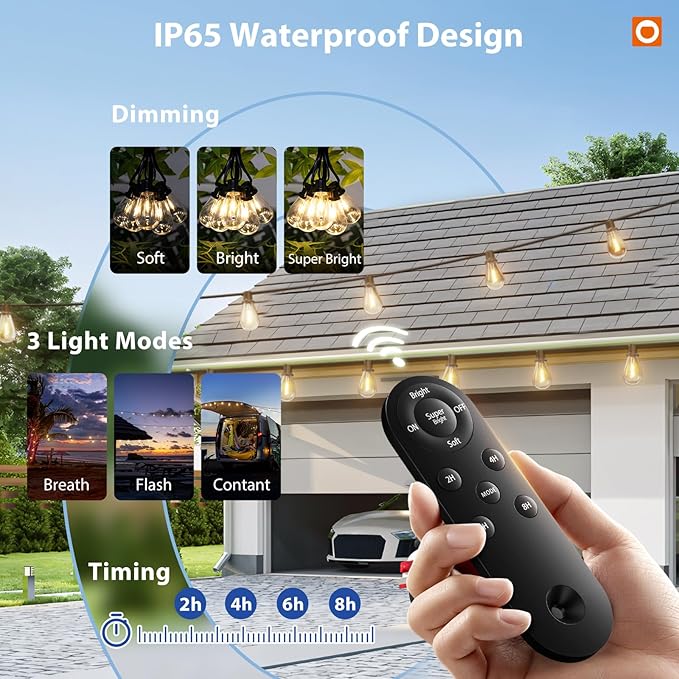 addlon 104FT(96FT+8) Solar String Lights Outdoor Waterproof with USB Port & Remote Control Solar Patio Lights for Outside Solar Powered with 34 LED Dimmable Bulbs for Porch Garden Deck Halloween