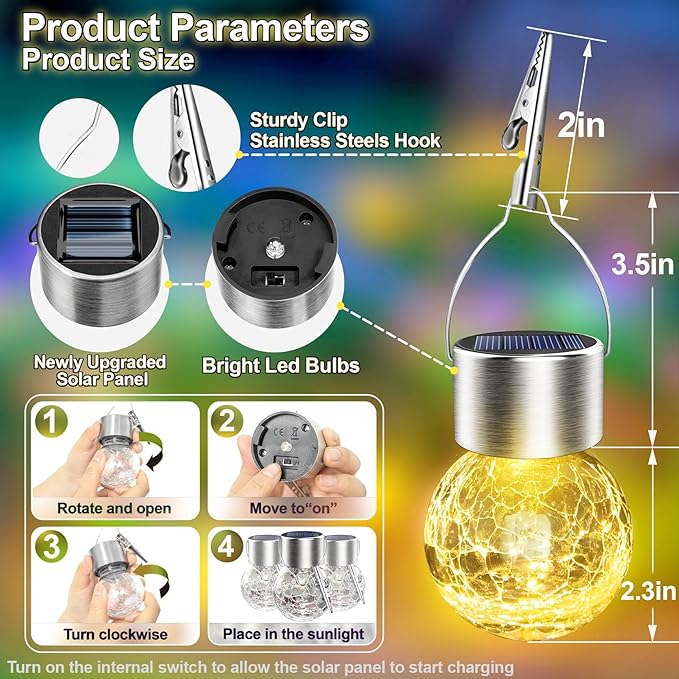 Solar Hanging Lanterns Outdoor: 12 Pack Cracked Glass Ball Lights with Clip - Waterproof Warm White Fairy Globe Lighting Yard Tree Ornaments - Gardening Gifts for Mom Grandma