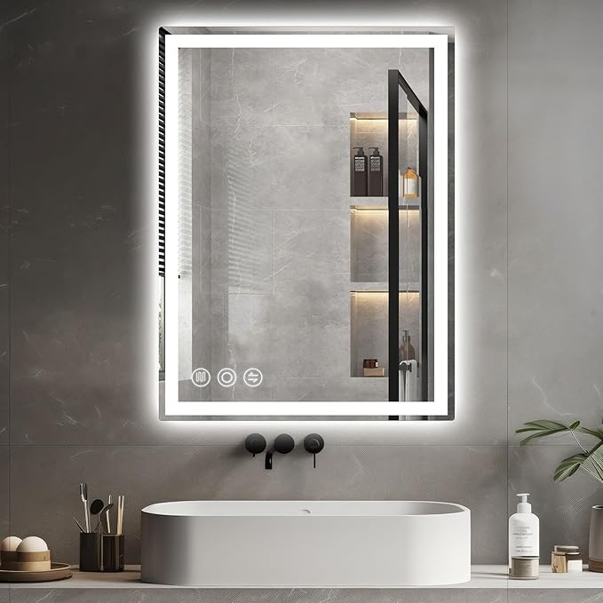 Bathroom Mirror, 28"x 36" LED Mirrors with Anti-Fog, Stepless 3 Colors Temperature & Dimmable, Memory Tempered Glass Bathroom Mirrors for Over Sink, Vanity Mirror with Lights