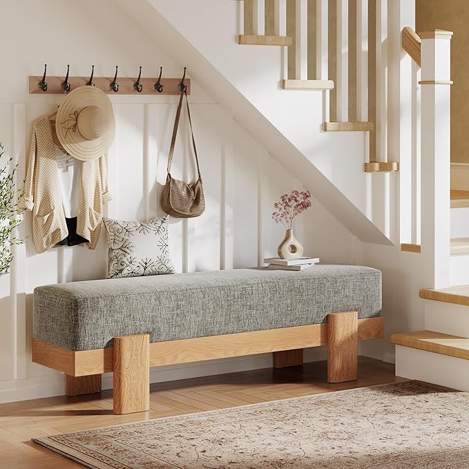 Tribesigns 55-Inch Upholstered Entryway Bench, Modern Shoe Bench with Ultra-Plush Thick Cushion and MDF Frame, End of Bed Stool Long Ottoman for Entrance, Living Room (Gray & Oak)