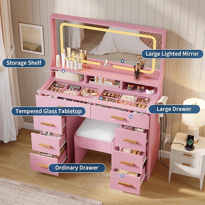 IDEALHOUSE Vanity Desk with Mirror and Lights, Makeup Table with Glass Top & 8 Drawers, 3-Color LED Mirror, Power Outlets & USB, Hair Dryer Holder, Stool Included, Dressing Table Set for Bedroom