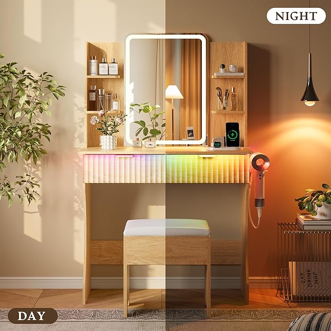 Makeup Vanity Desk with Mirror & Lights, Small Vanity Table Set for Girls with Chair & Power Outlet, Fluted Dressing Table with 2 Drawers & 4 Storage Shelves, Adjustable RGB Lighting - Wood