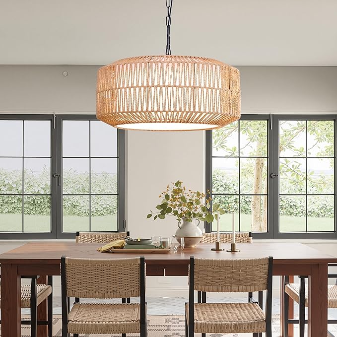 Smart RGB Ambient Rattan Pendant Light with Voice & App Control, Dimmable Boho Hanging Ceiling Lamp for Bedroom & Dining Room, Handwoven Wicker Light Fixture, 21.7” Natural