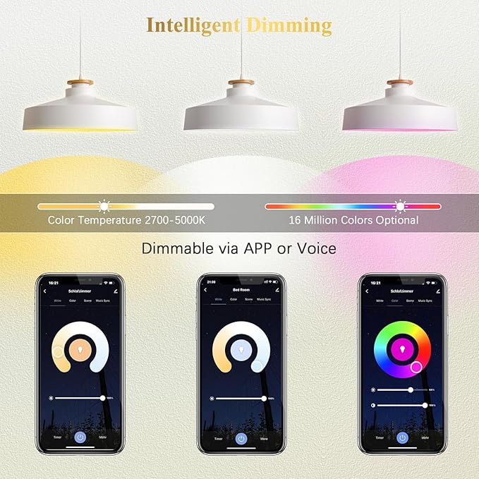 DiCUNO Smart Light Bulbs, Wi-Fi Bluetooth LED Lights, Multi Colors Changing Bulb RGBCW Dimmable, Works with Alexa, Google Home Assistant, No Hub Required, A19 E26 9W 800LM 2.4Ghz only, 2 Pack