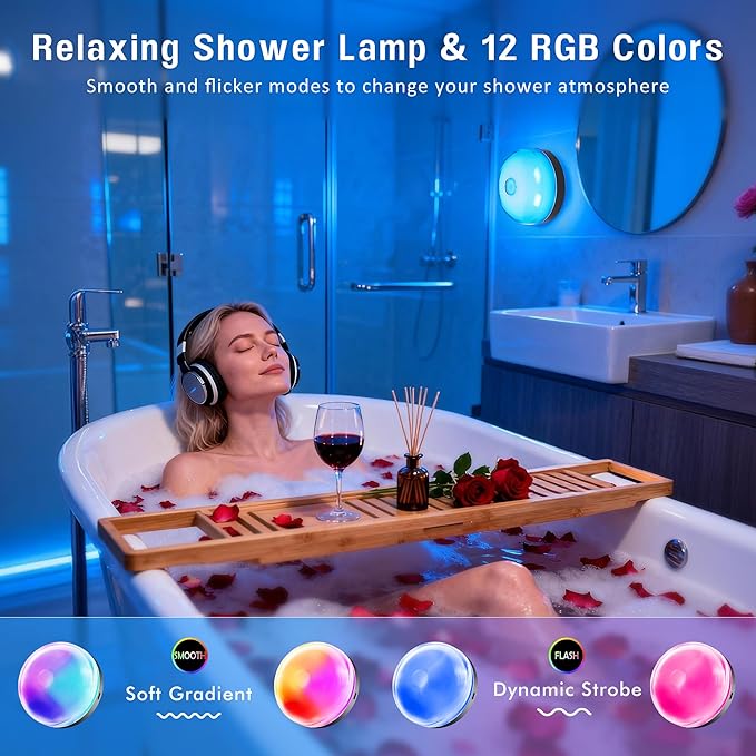 Loscarol Rechargeable Shower Lights with Remote, 15 RGBW Color Changeable Shower Lamp Waterproof, Dimmable ＆Timer Ceiling Light, Wireless LED Mood Lighting for Bathroom, Closet (Black, 2 Pack)