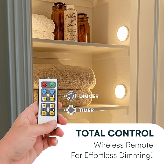 Brilliant Evolution Stick On Push Lights - 6 Pack Remote Controlled LED Lights Under Cabinets - DIY Stick On Lights for Closet, Counter, Kitchen - Battery Operated Puck Lighting with Remote