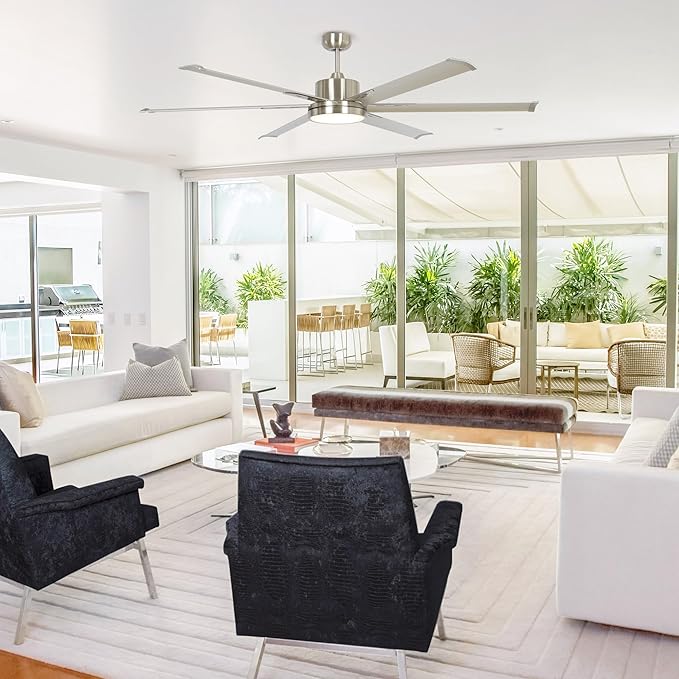 Industrial Ceiling Fans with Lights and Remote, 65 Inch Large Ceiling Fan for Living Room Bedroom, Outdoor Ceiling Fans for Patios, DC Motor Reversible 6 Blades, Ventilador de Techo, Brushed Nickel