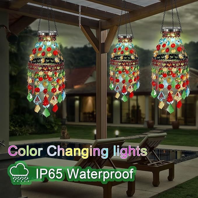 Hanging Solar Lanterns Outdoor Chandelier,2 Tier Acrylic Crystal Wind Chimes for Outside,Solar Lights Color Changing LED Outdoor Decorative for Paito,Porch,Yard