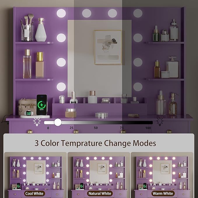 Vanity Desk with Mirror and Lights, Makeup Vanity with Mirror and LED Lights & Power Outlet, 3 Drawers and Cabinets, 3 Lighting Modes Dressing Table Set for Girls Women Bedroom,Purple