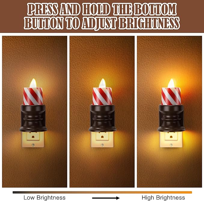 Meonum Flickering Flameless Candle Night Light Plug in, Dimmable LED Nightlight with Dusk to Dawn Sensor, Decorative Candle Light for Bedroom, Hallway, Bathroom(1 Pcs,Christmas Red & Brown Base)