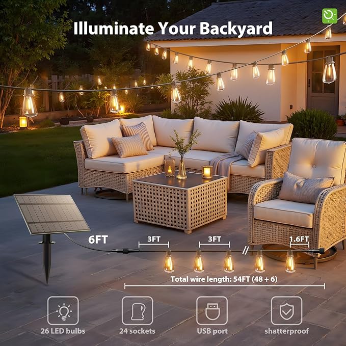 KYY 54(48+6) FT Solar String Lights Outdoor with USB Port Remote, Waterproof and Shatterproof Patio with Solar Powered Panel, LED Vintage Edison Bulbs, Heavy-Duty and UL Listed Market Lights