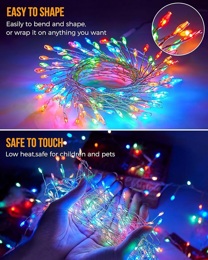2Pack Battery Operated Fairy Lights, 10 Ft 120LEDs Firecracker String Lights Waterproof Silver Wire Starry Firefly Light for DIY Wreath Home Wedding Indoor Outdoor Christmas Decorations, Multicolor