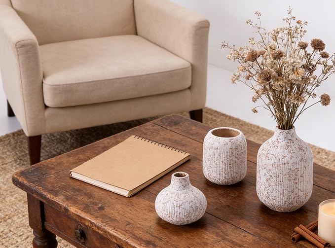 Modern Ceramic Vases Set 3, Stone Style Ribbed Vases Decorative for Table Shelf Decor Bookshelf Decoration