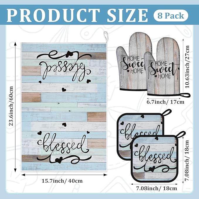 8 Pcs Kitchen Decor Accessories Set Farmhouse Towels Pot Holders Oven Mitts Set 4 Dish Towels 2 Potholders 2 Cooking Mittens Oven Glove for Christmas Baking Cooking Supply(Brown Green,Kitchen)