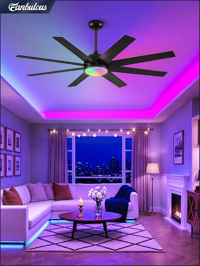 Fanbulous 60 Inch RGB Ceiling Fans with Lights and Remote&APP Control, Black Smart Ceiling Fan with Quiet Reversible DC Motor, 6 Speeds, 3CCT, Dimmable, Large Ceiling Fan for Living Room Bedroom